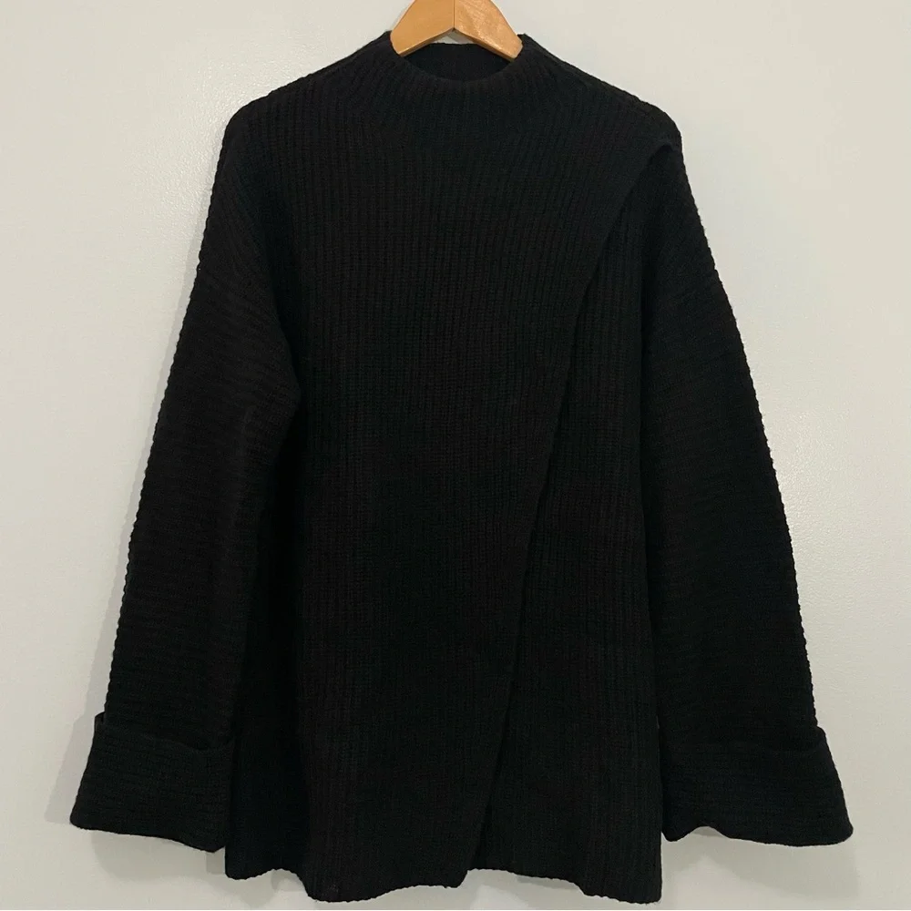 Athleta Black Merino Wool Cashmere Cowl Neck Split Front Sweater Oversized M - Picture 5 of 16